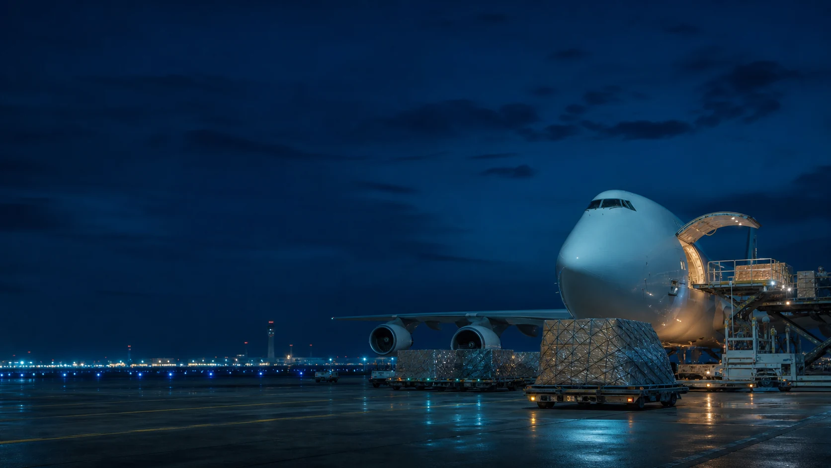International cargo aircraft being loaded at a global air-freight gateway