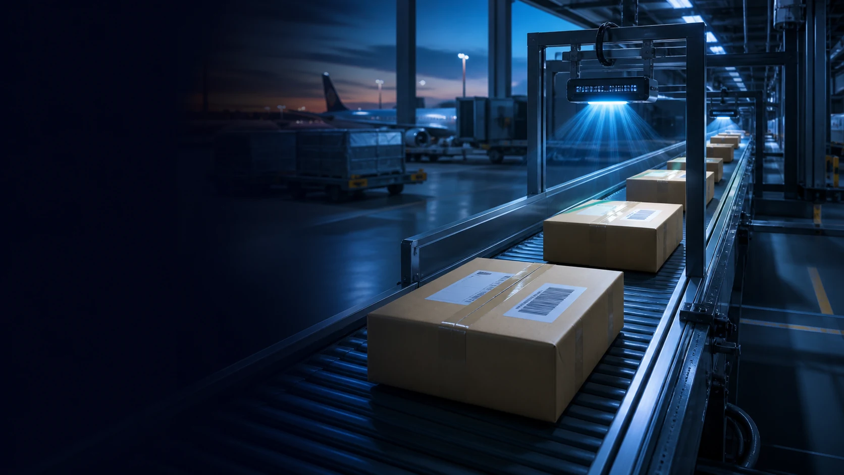 Business parcels moving through an airport-connected barcode scanning facility