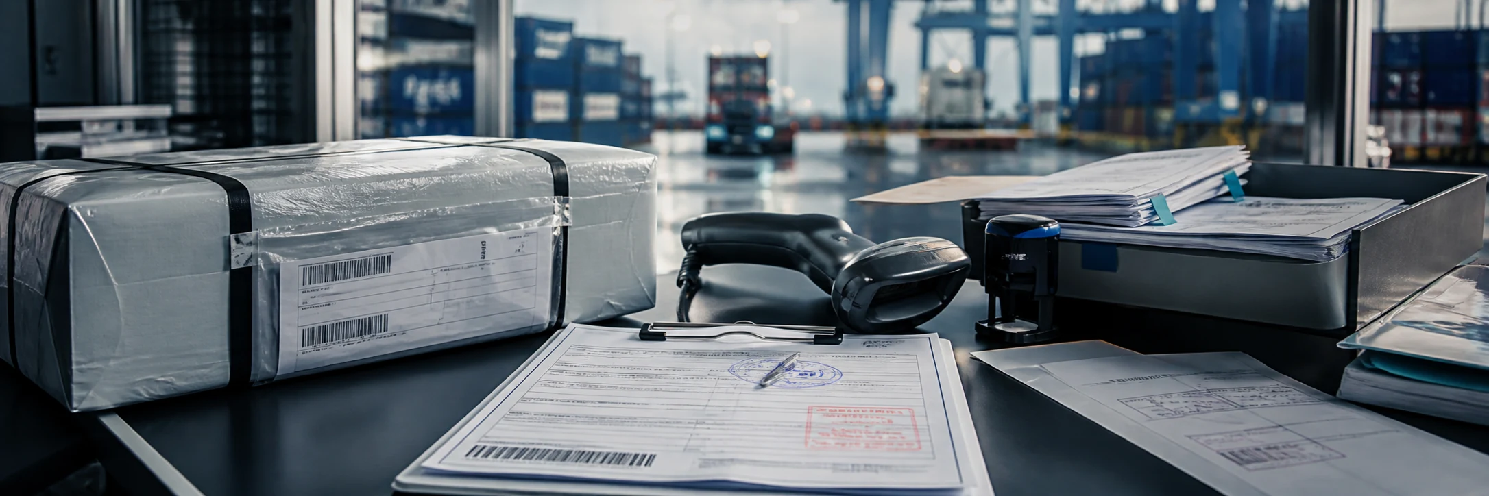 International parcel and shipping documents arranged for customs clearance verification