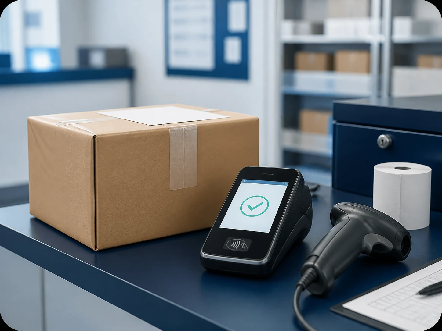 Business parcel beside a secure payment terminal and barcode scanner