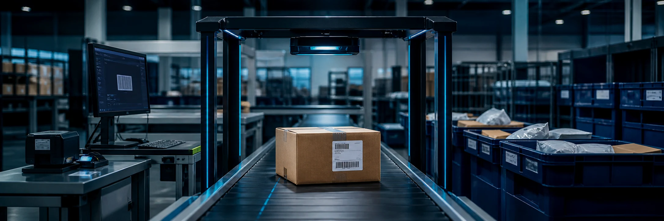 Returned parcel moving through an organized barcode verification station