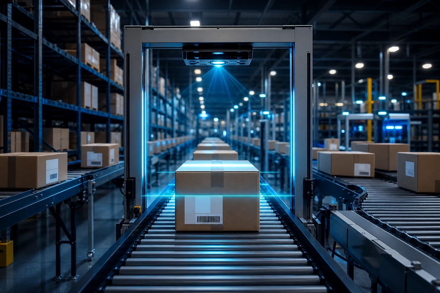 Parcel moving through an automated barcode scanning gate in a warehouse