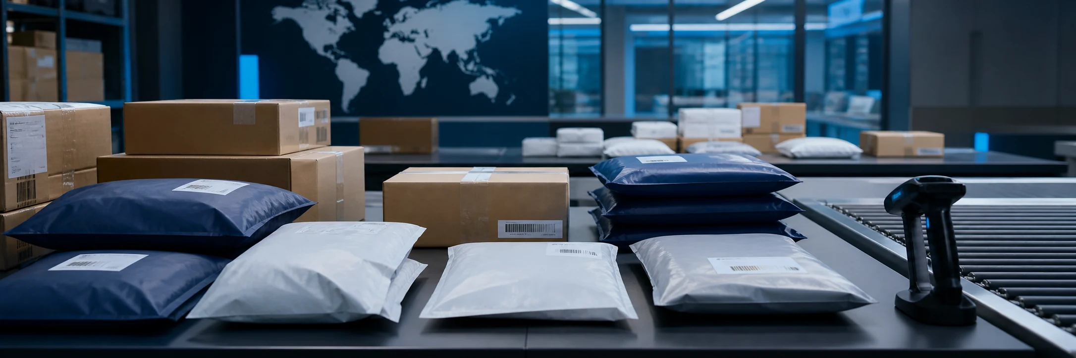 Commercial parcels organized with barcode scanning equipment for cross-border dispatch