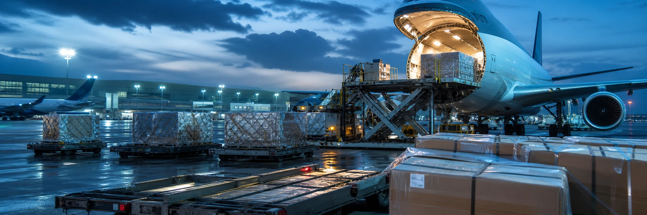 International cargo aircraft being loaded with consolidated business shipments at an airport